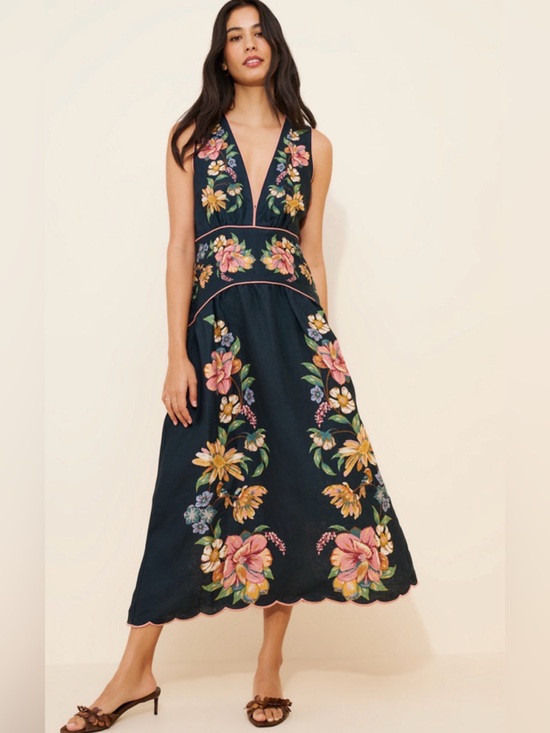FARM Rio Dresses & Skirts - FARM RIO Maira Floral Linen Plunge Maxi Dress Women's Size M Navy Blue